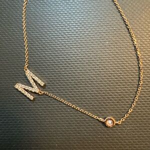 Letter M initial bezel diamond necklace, 14 K rose gold /16 inches